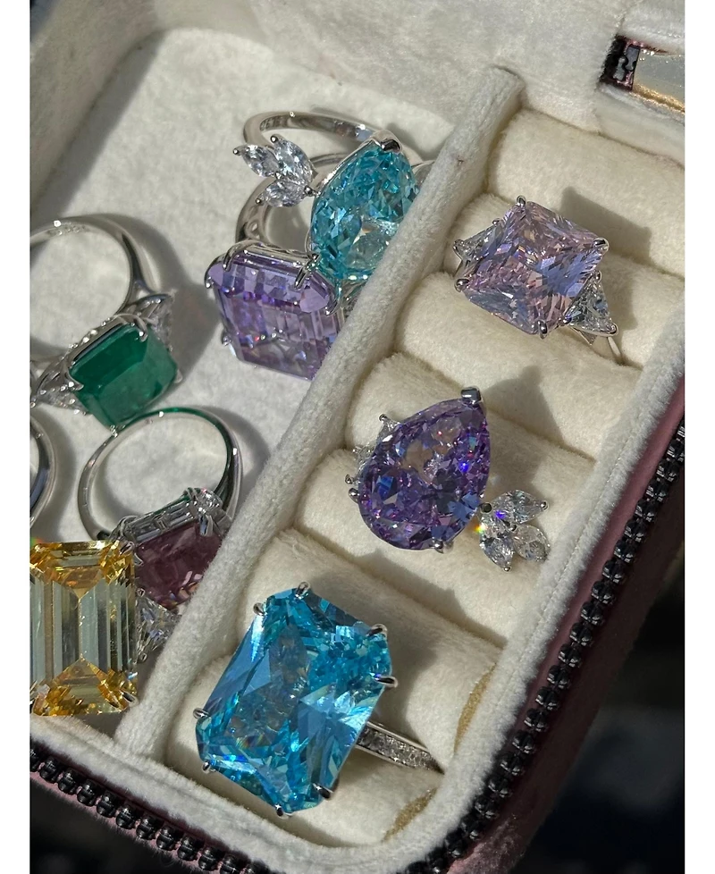 Suzy Levian New York Gala Collection Sterling Silver Large Firework Emerald-Cut Cubic Zirconia Trillion Accent 3-Stone Ring