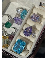 Suzy Levian New York Gala Collection Sterling Silver Large Firework Emerald-Cut Cubic Zirconia Trillion Accent 3-Stone Ring
