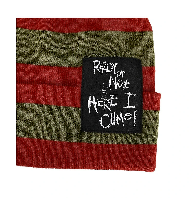 Nightmare on Elm Street Men's Ready Or Not Here I Come Woven Label Striped Cuffed Beanie