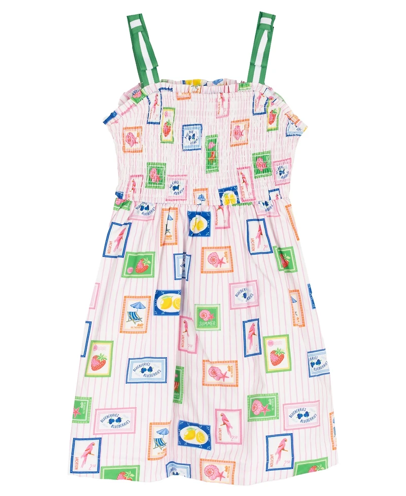 Rare Editions Girls' 2T-6X Printed Smocked Bodice Tie Shoulder Midi Dress