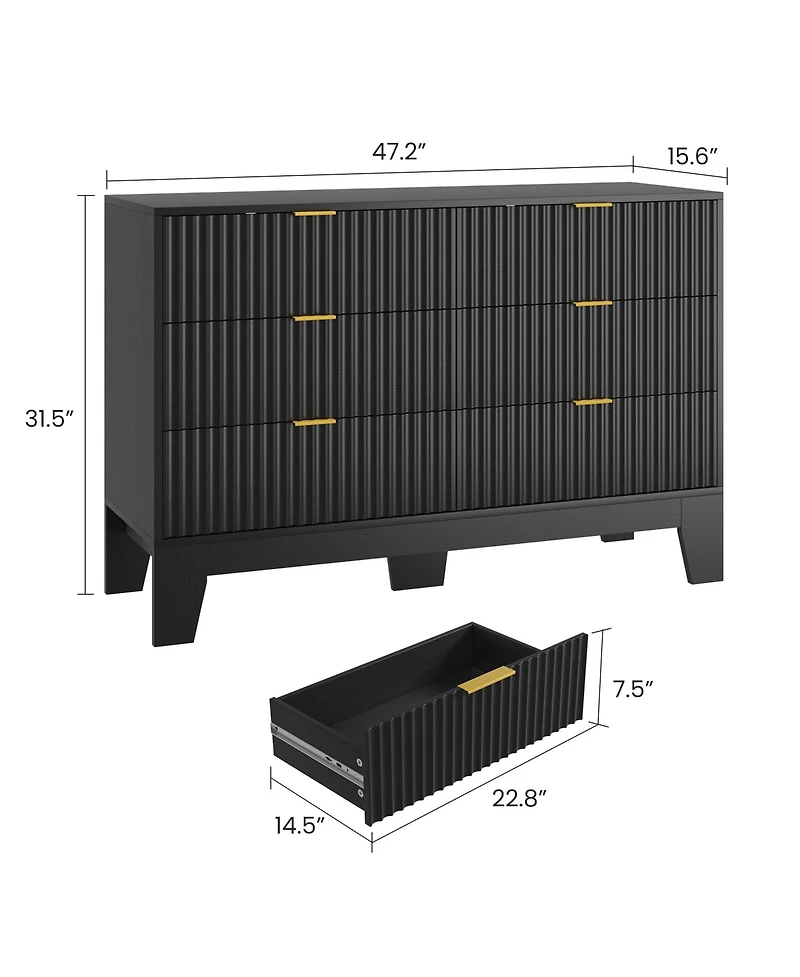 homfan 6 Drawer Dresser for Bedroom, 47" Wide Fluted Chest of Drawers with Metal Handle, Modern Wooden Tv Stand, Clothes Storage Organizer Hallway