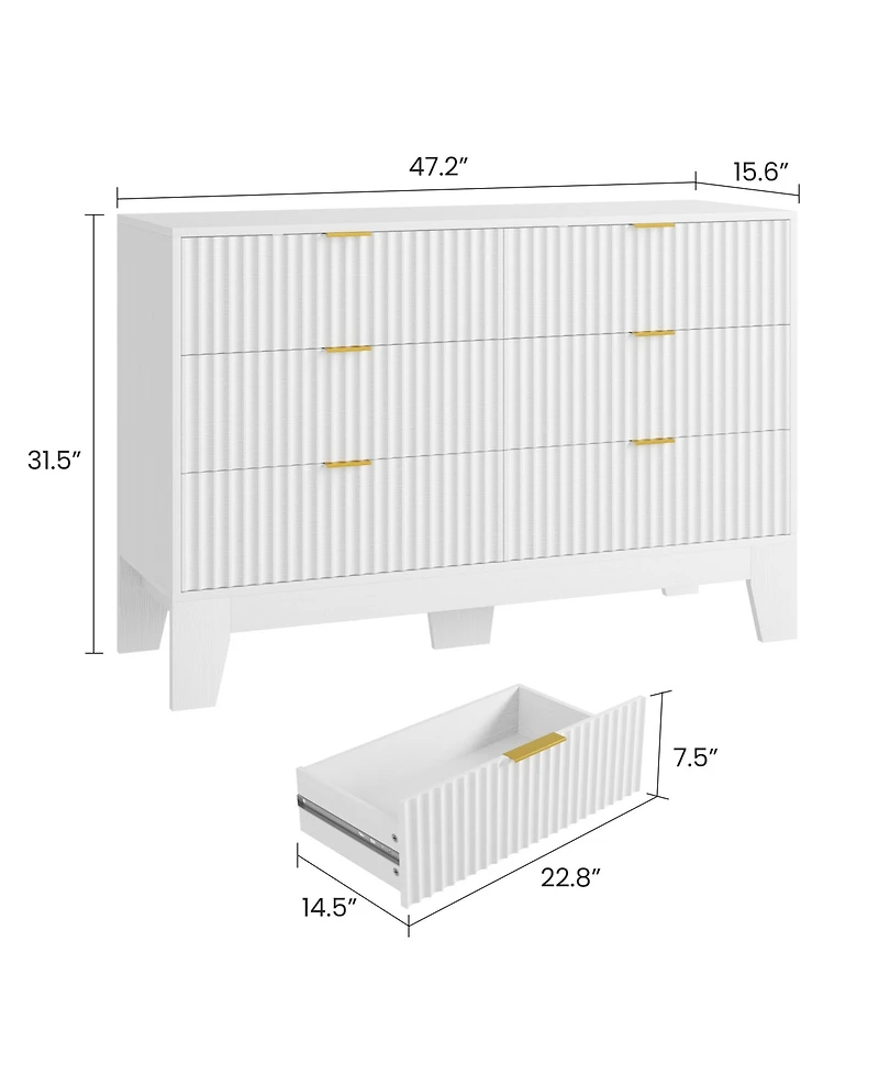 homfan 6 Drawer Dresser for Bedroom, 47" Wide Fluted Chest of Drawers with Metal Handle, Modern Wooden Tv Stand, Clothes Storage Organizer Hallway