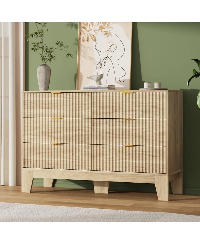 homfan 6 Drawer Dresser for Bedroom, 47" Wide Fluted Chest of Drawers with Metal Handle, Modern Wooden Tv Stand, Clothes Storage Organizer for Hallway