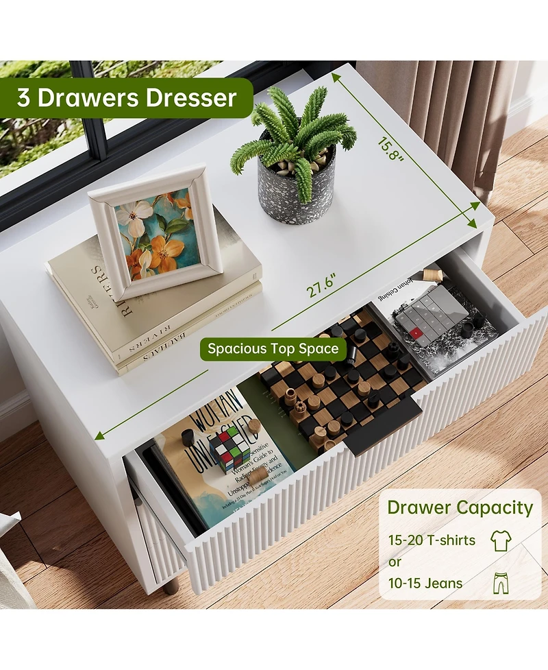 homfan Modern Fluted 3-Drawer Dresser, Wide Wooden Storage Chest with Metal Legs and Anti-Tip Device