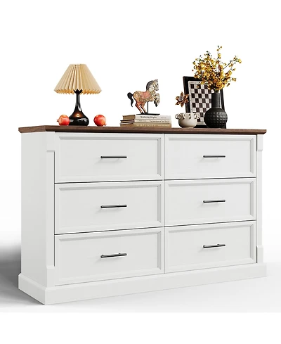 homfan 6-Drawer Dresser for Bedroom, Farmhouse Chest of Drawers with Metal Handles, Wide Storage Cabinet Living Room Hallway