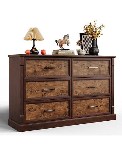 homfan 6-Drawer Dresser for Bedroom, Farmhouse Chest of Drawers with Metal Handles, Wide Storage Cabinet Living Room Hallway