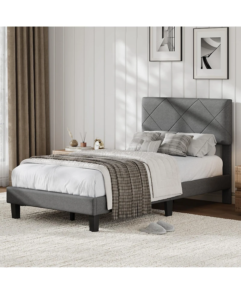 homfan Upholstered Platform Bed Frame with Quilted Headboard, Wooden Slats and Quiet Support