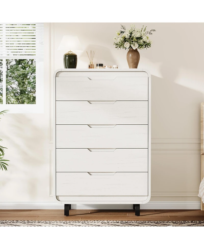 homfan Large Capacity Wooden Dresser with 5 Drawers, Tall Storage Chest, Modern Minimalist Cabinet for Bedroom, Living Room and Hallway