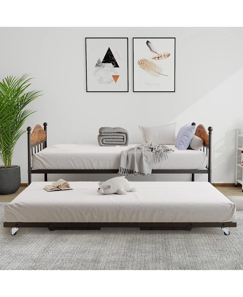 homfan Metal Daybed with Headboard, Sofa Bed Frame with Steel Slats and Optional Pop-Up Trundle for Bedroom or Living Room