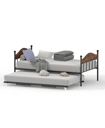 homfan Metal Daybed with Headboard, Sofa Bed Frame with Steel Slats and Optional Pop-Up Trundle for Bedroom or Living Room