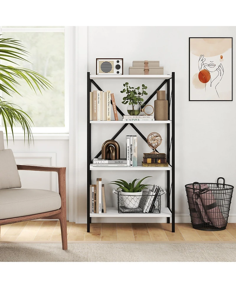 Gymax 4-Tier Bookshelf Industrial Bookcase with Heavy-Duty Metal Frame for Living Room
