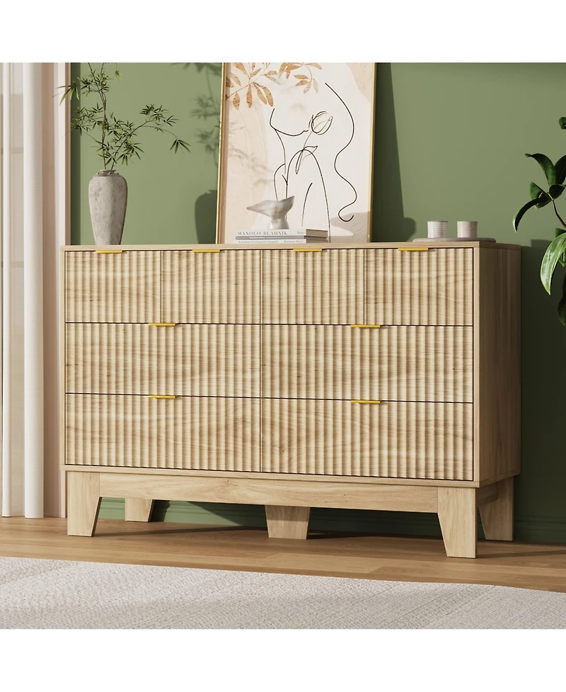 homfan 8 Drawer Dresser for Bedroom, 47" Wide Fluted Chest with Metal Handle, Modern Wooden Tv Stand, Clothes Organizer for Hallway, Entryway