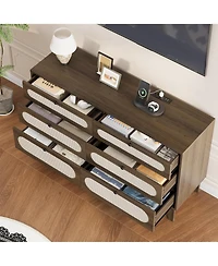 homfan Modern Farmhouse 6-Drawer Rattan Cabinet, Wooden Dresser with Charging Ports, Metal Handles and Anti-Tip Design
