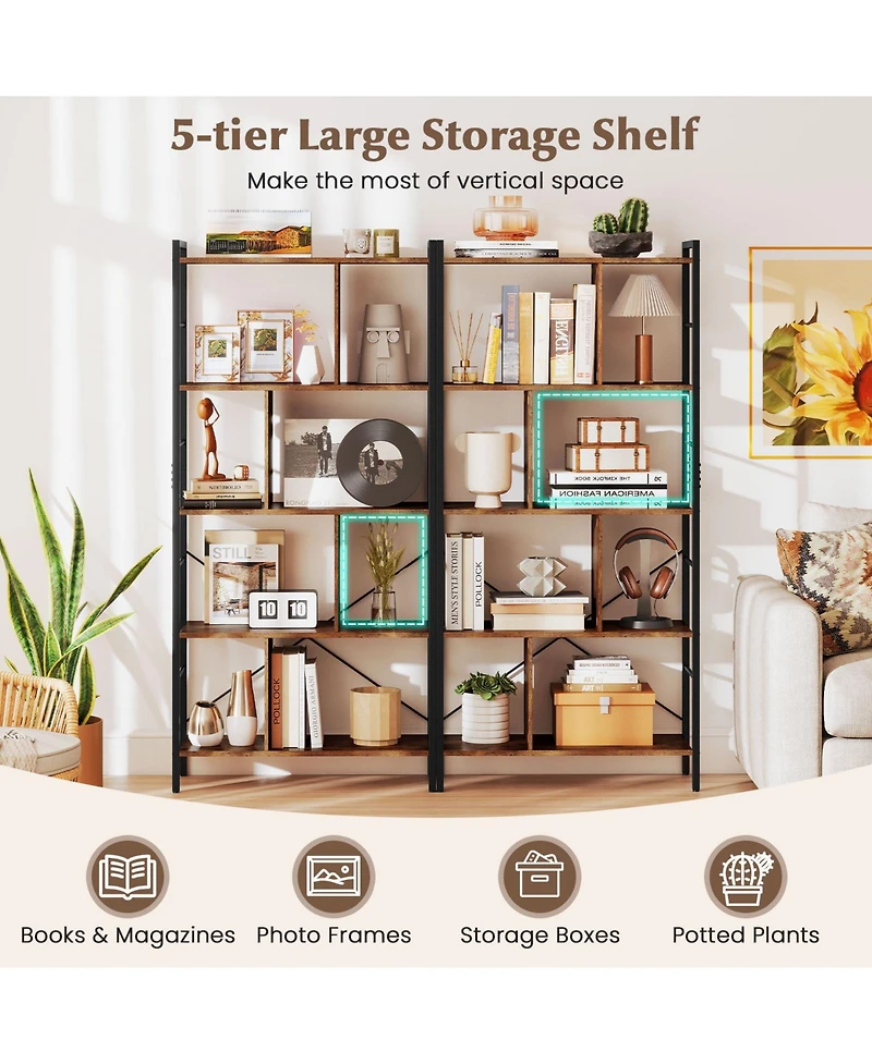 Gymax 2 pieces 61'' 5-Tier Bookshelf with Metal Frame 2 Anti-Tipping Devices for Living Room
