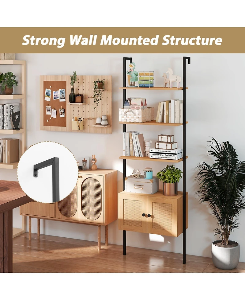 Gymax 2 pieces Wall-Mounted Ladder Shelf 5-tier Bookshelf with Rattan-Door Cabinet Display Rack