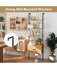 Gymax 2 pieces Wall-Mounted Ladder Shelf 5-tier Bookshelf with Rattan-Door Cabinet Display Rack