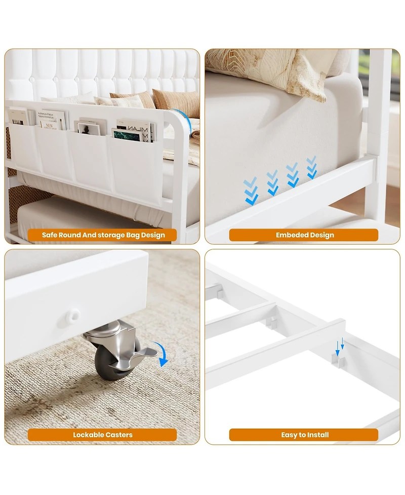 homfan Upholstered Twin Daybed with Trundle, Led Lights, Charging Station and Storage Headboard, Metal Slat Support