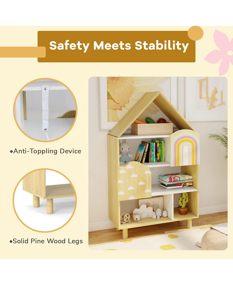Gymax House-Shaped Kids Bookshelf 4-Tier Toy Storage Organizer with Open Compartments