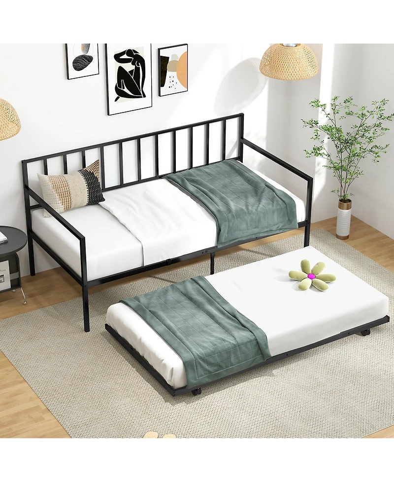 Gymax Twin Metal Daybed Sofa Bed with Trundle and Lockable Casters for Living Room