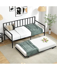 Gymax Twin Metal Daybed Sofa Bed with Trundle and Lockable Casters for Living Room