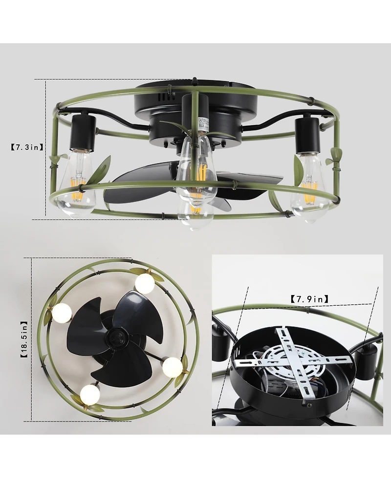 Clihome 19 inch Industrial Ceiling Fan with 3-Light, Flush Mount Caged Ceiling Fan with Remote