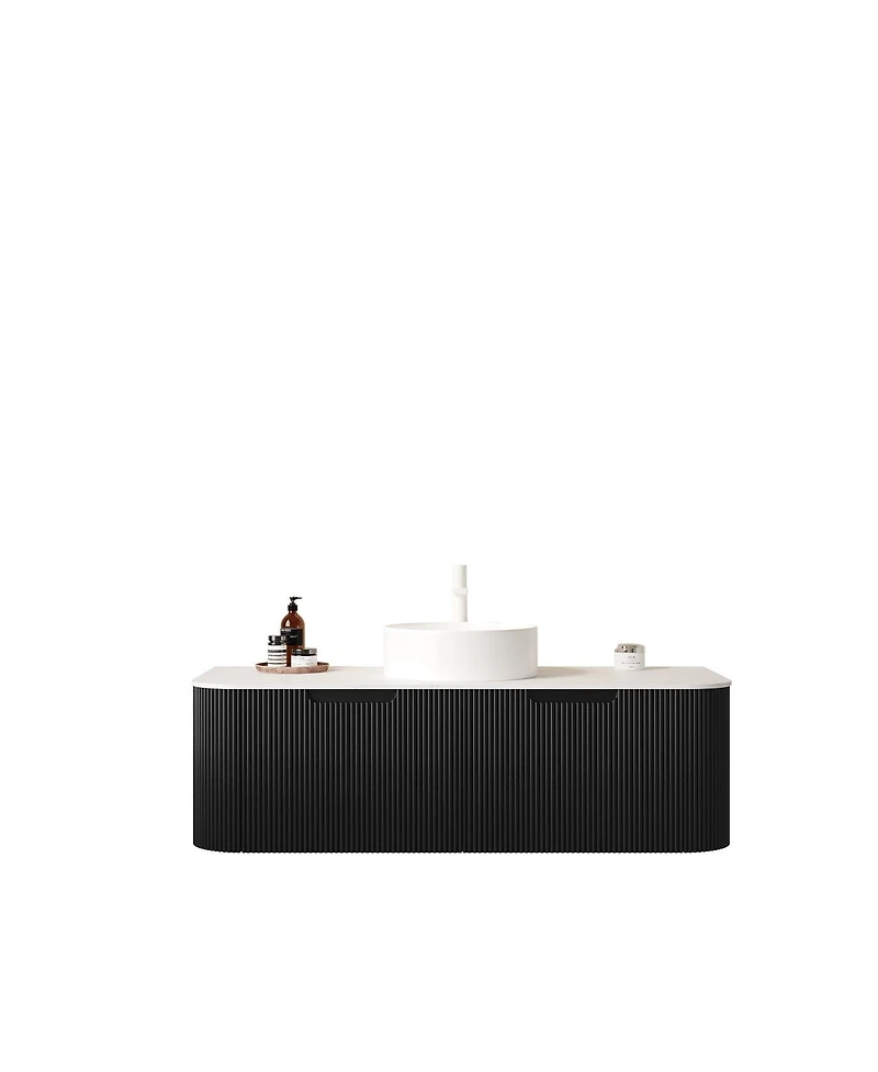 Sillysis Wall Mounted Bathroom Vanity with Sintered Stone Top, Round Ceramic Sink, Black Striped Drawer, Pre-assembled