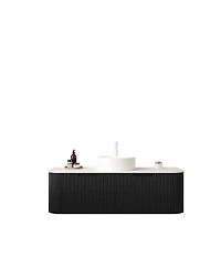 Sillysis Wall Mounted Bathroom Vanity with Sintered Stone Top, Round Ceramic Sink, Black Striped Drawer, Pre-assembled