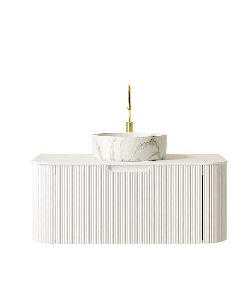 Sillysis Wall Mounted Bathroom Vanity with White Sintered Stone Top, Round Ceramic Bowl Sink, Pre-assembled