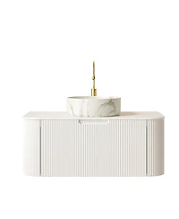 Sillysis Wall Mounted Bathroom Vanity with White Sintered Stone Top, Round Ceramic Bowl Sink, Pre-assembled