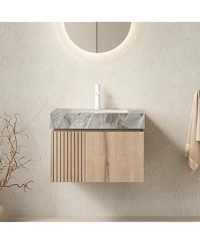 Sillysis Wall Mount Bathroom Vanity with Travertine Sintered Stone Top, Ceramic Undermount Sink, Soft Close Cabinet, Pre-assembled