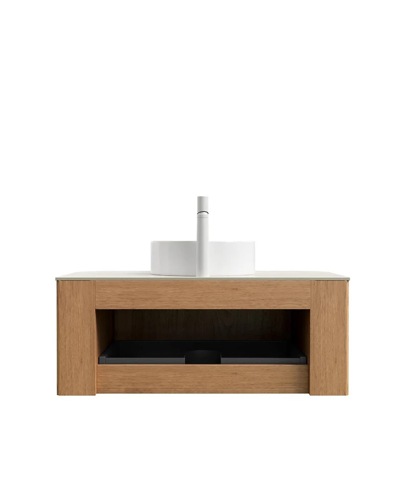 Sillysis Wall Mounted Bathroom Vanity with Sintered Stone Top, Round Ceramic Vessel Sink, Wood Grain Drawer