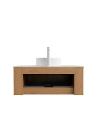 Sillysis Wall Mounted Bathroom Vanity with Sintered Stone Top, Round Ceramic Vessel Sink, Wood Grain Drawer