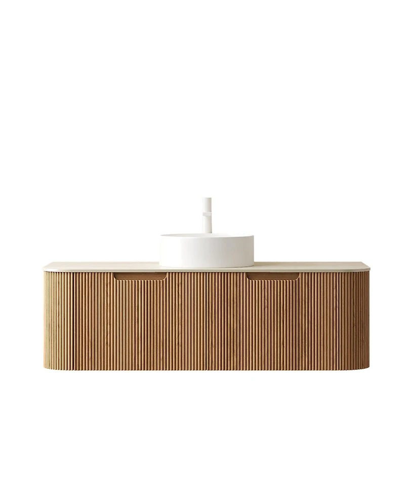 Sillysis Wall Mounted Bathroom Vanity with Sintered Stone Top, Round Ceramic Vessel Sink, Wood Grain Drawer