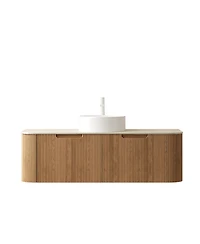 Sillysis Wall Mounted Bathroom Vanity with Sintered Stone Top, Round Ceramic Vessel Sink, Wood Grain Drawer