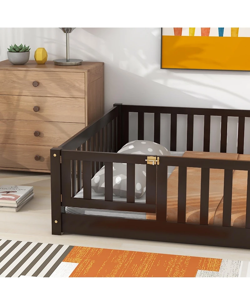 Sailvan Floor Bed with Fence and Door, Solid Wood Kids Platform Frame
