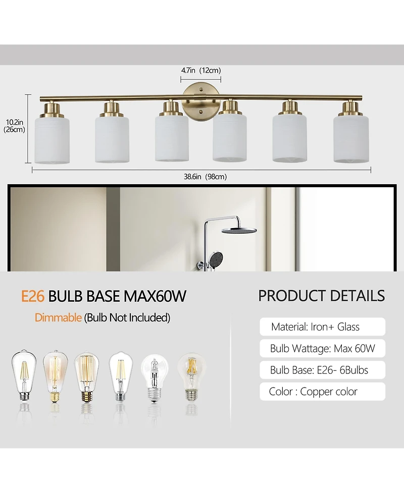 Clihome Modern 6-Light Vanity Wall Sconce with Frosted Glass Shades (No Bulbs)