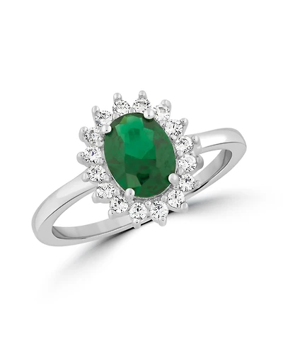 Simona Elegant Oval Emerald Halo Cz Flower Design Ring