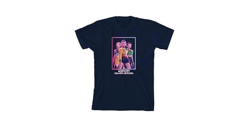 Kpop Demon Hunters Boys Box Art Huntrix Youth Navy Crew Neck Short Sleeve