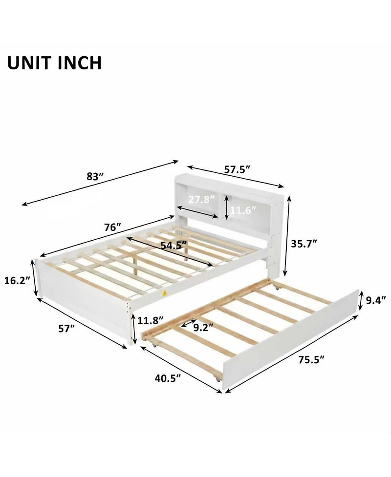 Clihome Bed with Trundle and Bookcase Headboard