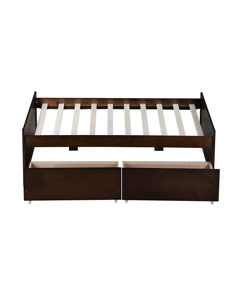Clihome Bed with 2 Drawers, Solid Rubber Wood