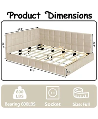 Rainsken L-Shaped Corner Upholstered Daybed, Grid Tufted Velvet Bed Frame with Wooden Slats for Bedroom