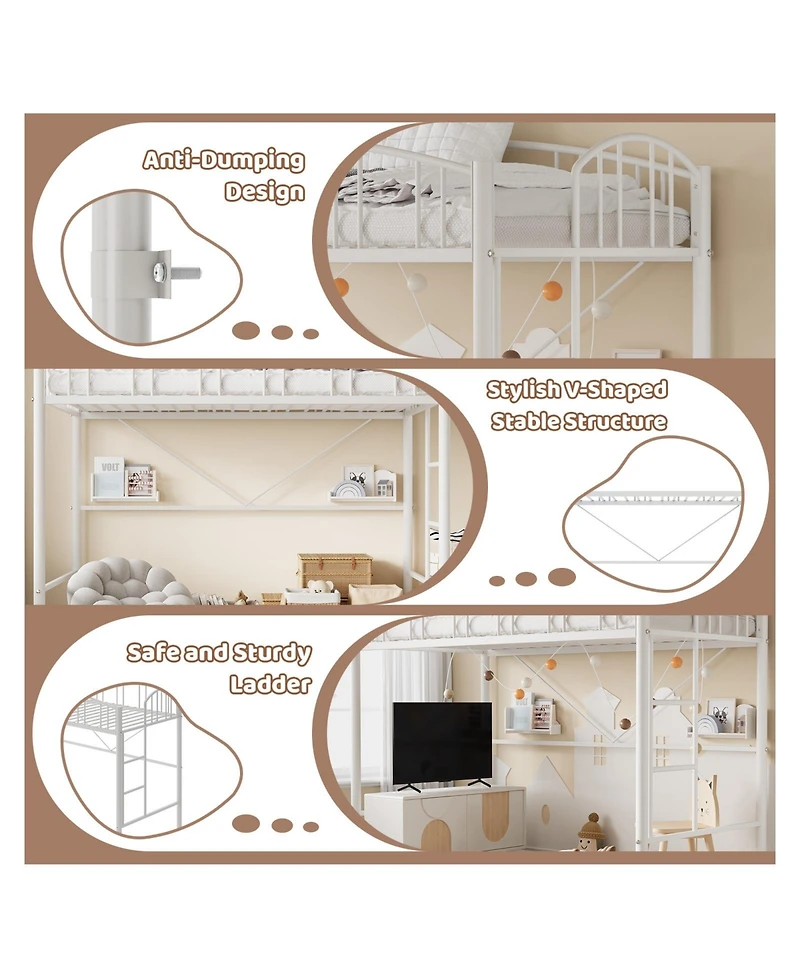 homfan Metal Loft Bed with Arched Guardrail and Ladder, Space-Saving Frame Steel Slats, No Box Spring Needed