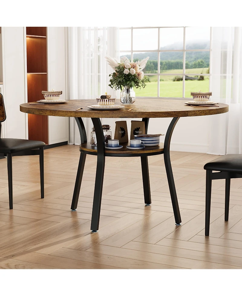 homfan Space-Saving Round Dining Table for 4-6 - Modern Farmhouse Kitchen and Room with Storage Shelf