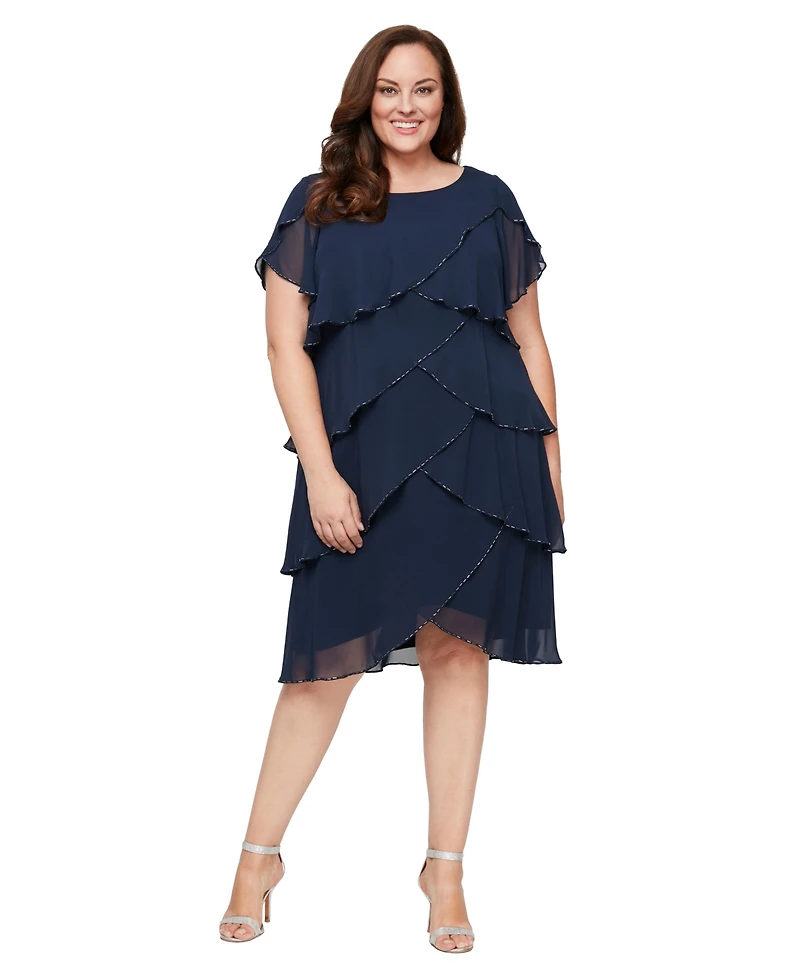 Sl Fashions Plus Crewneck Bugle Bead Tier Dress
