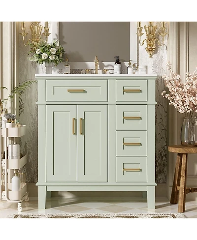 Thirtypeachy 36" White Modern Solid Wood Mdf Vanity With Ceramic Sink, Deep Drawer Plus Standard Drawer Soft-Close Doors, Gold Handles