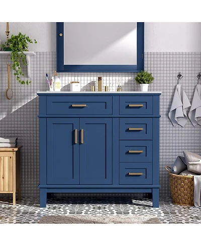 Thirtypeachy 36" White Modern Solid Wood Mdf Vanity With Ceramic Sink, Deep Drawer Plus Standard Soft-Close Doors, Gold Handles