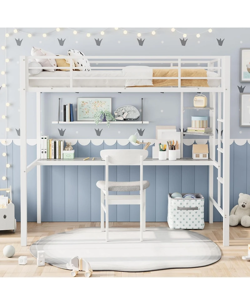 homfan Metal Twin Loft Bed with Desk and Storage Shelves, Space-Saving Frame Guardrails, Ladder Steel Slats