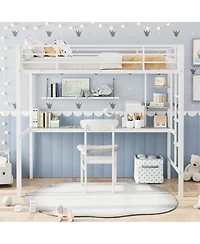 homfan Metal Twin Loft Bed with Desk and Storage Shelves, Space-Saving Frame Guardrails, Ladder Steel Slats