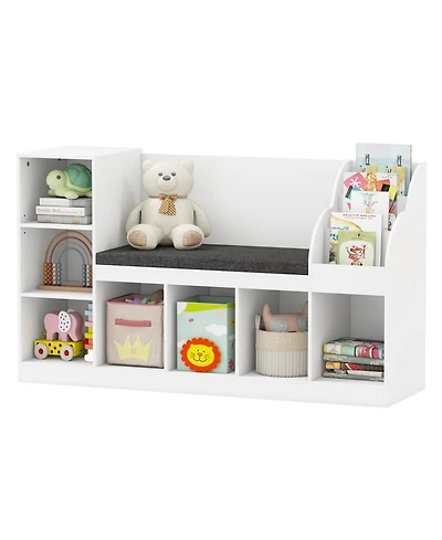 Gymax Wooden Kids Bookshelf w/Reading Nook Padded Seat Open Cubes Adjustable Shelf