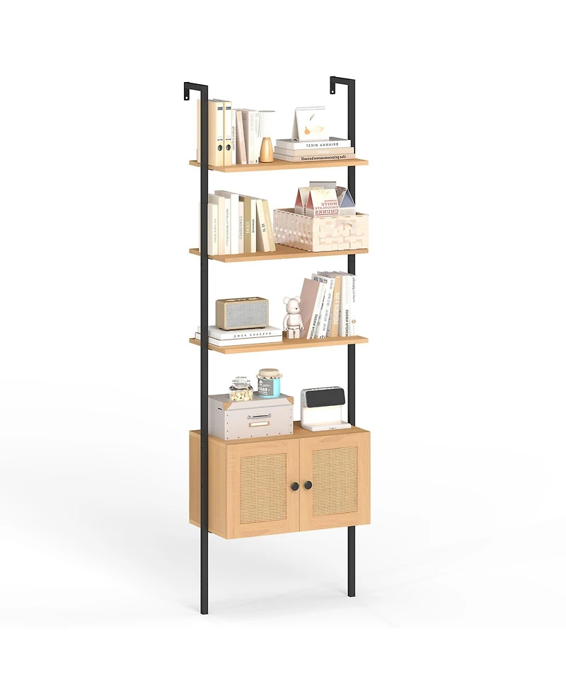 Gymax Wall-Mounted Ladder Shelf 5-tier Bookshelf w/ Rattan-Door Cabinet Display Rack